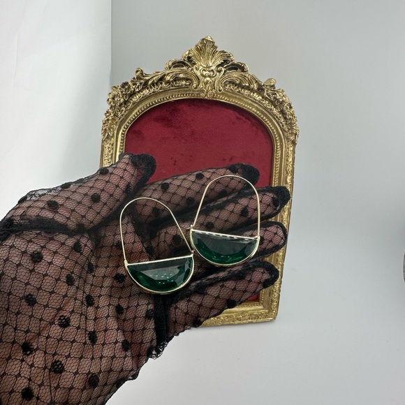 Anthropologie Crescent Elegant Gold Green Hoop Earrings - Picture 11 of 11